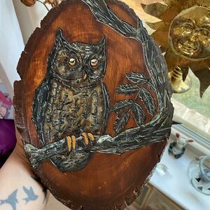 Vintage 70s rustic carved Owl wooden art plaque piece decor